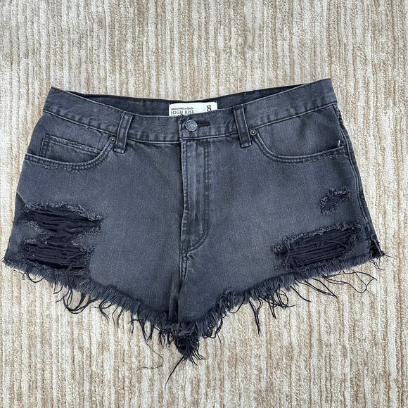 Abercrombie & Fitch Black Ripped Distressed Fringe High Rise Denim Shorts Sz 8 - Picture 1 of 5